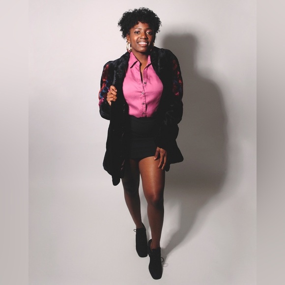 Retro Black Faux Fur Long Sleeve Hook Closure Coat - Picture 4 of 9